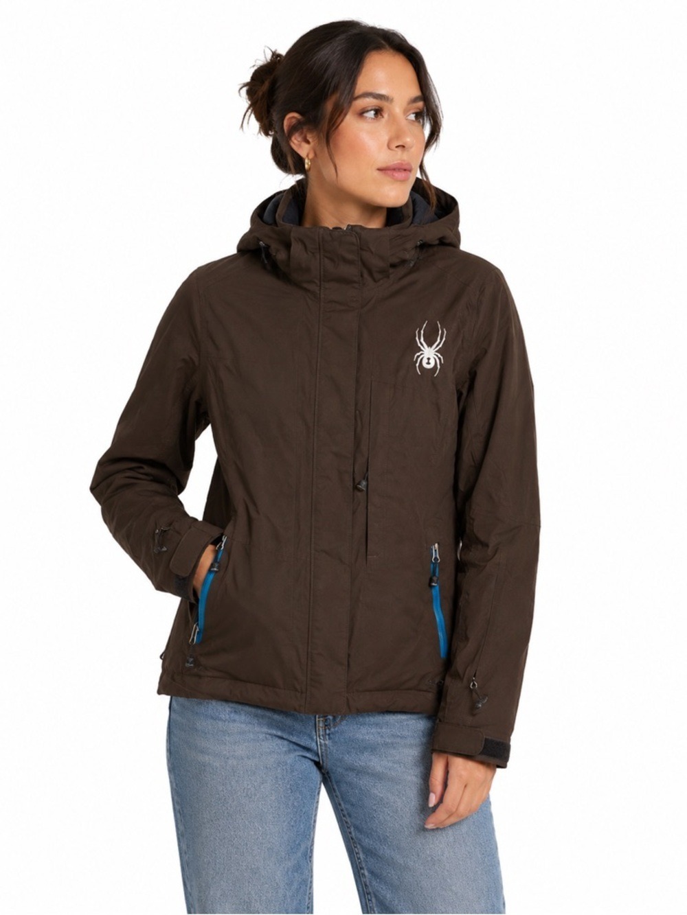 Spyder Women's Brown Nylon Shell Full Zip Hooded Winter Jacket Size XS